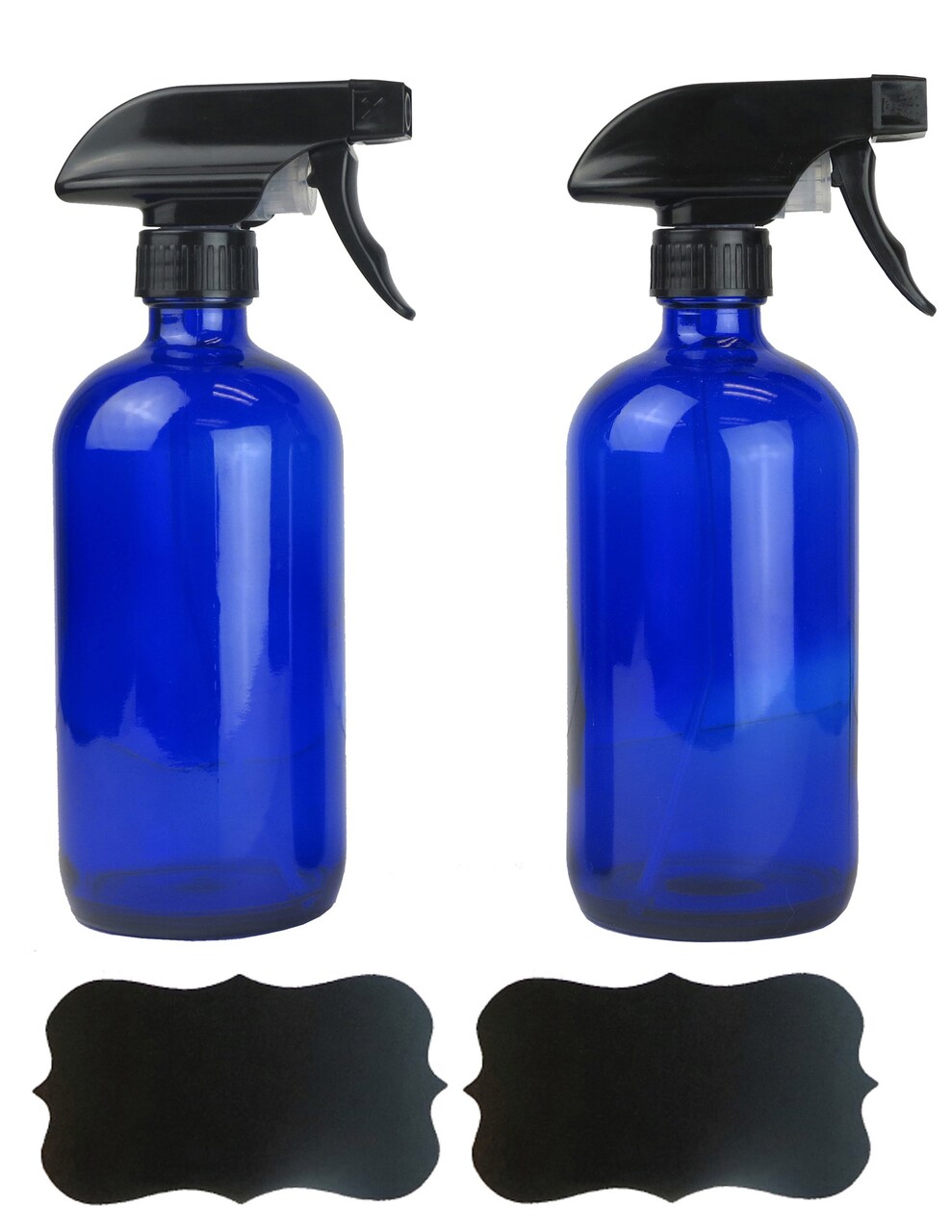 Contemporary Home Living Set of 2 Cobalt Blue and Black Glass Bottles with Labels, 8.75""
